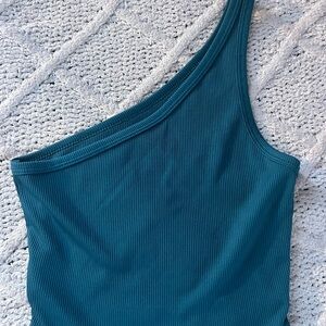 Chic Teal One-Shoulder Ribbed Top